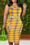 Yellow Sexy Plaid Patchwork O Neck Pencil Skirt Plus Size Dresses