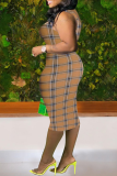 Brown Sexy Plaid Patchwork O Neck Pencil Skirt Plus Size Dresses