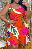 Orange Sexy Casual Plus Size Print Basic U Neck Vest Dress