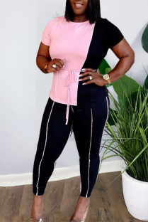 Pink Casual Solid Patchwork O Neck Short Sleeve Two Pieces