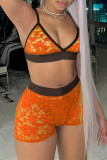 Orange Sexy Living Solid See-through Backless V Neck Sleeveless Two Pieces