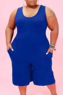 Blue Casual Solid Pocket O Neck Plus Size Jumpsuits