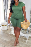 Army Green Fashion Casual Solid Basic V Neck Plus Size Two Pieces