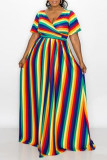 Colour Fashion Casual Striped Print Basic V Neck Plus Size Two Pieces