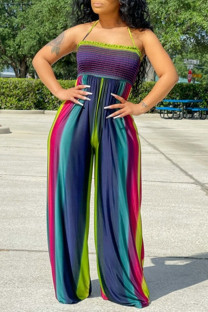 Colour Sexy Casual Print Backless Halter Regular Jumpsuits