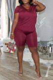 Burgundy Fashion Casual Solid Basic V Neck Plus Size Two Pieces