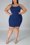 Blue Fashion Sexy Plus Size O Neck Sleeveless Off The Shoulder Solid Sling Dress