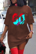 Brown Casual Print Split Joint O Neck Straight Dresses