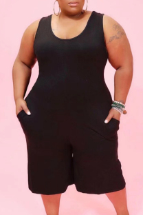 Black Casual Solid Pocket O Neck Plus Size Jumpsuits