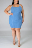 Blue Fashion Sexy Plus Size O Neck Sleeveless Off The Shoulder Solid Sling Dress
