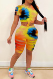 Orange Fashion Casual Print Tie Dye Ripped O Neck Short Sleeve Two Pieces
