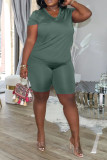 Army Green Fashion Casual Solid Basic V Neck Plus Size Two Pieces
