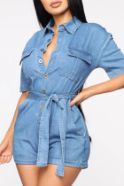 Baby Blue Casual Solid Patchwork Turndown Collar Regular Rompers