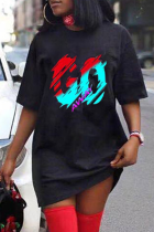 Black Casual Print Split Joint O Neck Straight Dresses