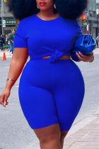 Blue Fashion Casual Solid Basic O Neck Plus Size Two Pieces