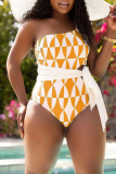 Yellow Sexy Plaid Hollowed Out Split Joint Swimwears