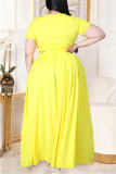 Yellow Fashion Casual Solid Basic O Neck Plus Size Two Pieces