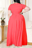 Fluorescent Pink Fashion Casual Solid Basic O Neck Plus Size Two Pieces