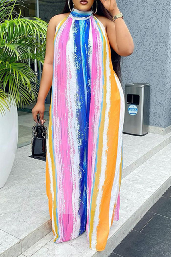 Multicolor Casual Print Patchwork Halter Straight Dresses