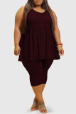 Burgundy Fashion Casual Solid Vests O Neck Plus Size Two Pieces