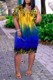 Blue Fashion Casual Print Basic V Neck Short Sleeve Dress