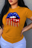 Orange Street Print Split Joint O Neck T-Shirts