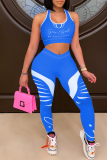 Blue Casual Sportswear Letter Print Vests Pants U Neck Sleeveless Two Pieces