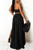 Blue Fashion Sexy Dot Print Backless Slit Strapless Sleeveless Two Pieces