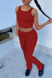 Red Casual Sportswear Solid Fold Pants O Neck Sleeveless Two Pieces