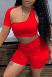 Red Sexy Solid Hollowed Out Asymmetrical Collar Short Sleeve Two Pieces