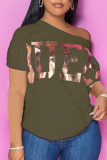Army Green Casual Print Sequins O Neck T-Shirts