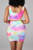 Pink Sexy Casual Print Vests Square Collar Sleeveless Two Pieces