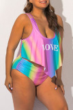 Colour Sexy Print Split Joint U Neck Plus Size Swimwear