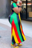 Multicolor Sexy Striped High Opening O Neck Irregular Dress Plus Size Dresses