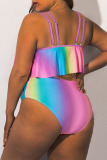 Colour Sexy Print Split Joint U Neck Plus Size Swimwear