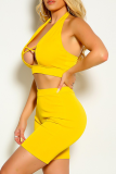 Yellow Sexy Solid Hollowed Out Halter Sleeveless Two Pieces