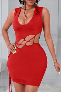 Red Sexy Solid Hollowed Out U Neck Pencil Skirt Dresses