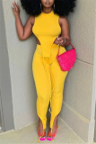Yellow Fashion Casual Solid Vests Asymmetrical Half A Turtleneck Sleeveless Two Pieces