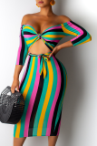 Multicolor Sexy Print Hollowed Out Off the Shoulder Pencil Skirt Dresses
