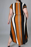 Rose Red Casual Striped Split Joint High Opening V Neck Short Sleeve Dress Plus Size Dresses