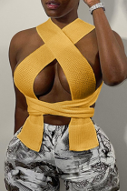 Yellow Sexy Solid Hollowed Out Patchwork Halter Tops