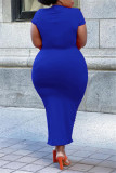 Blue Fashion Sexy Plus Size Solid Ripped O Neck Short Sleeve Dress