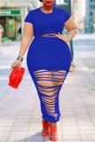 Yellow Fashion Sexy Plus Size Solid Ripped O Neck Short Sleeve Dress