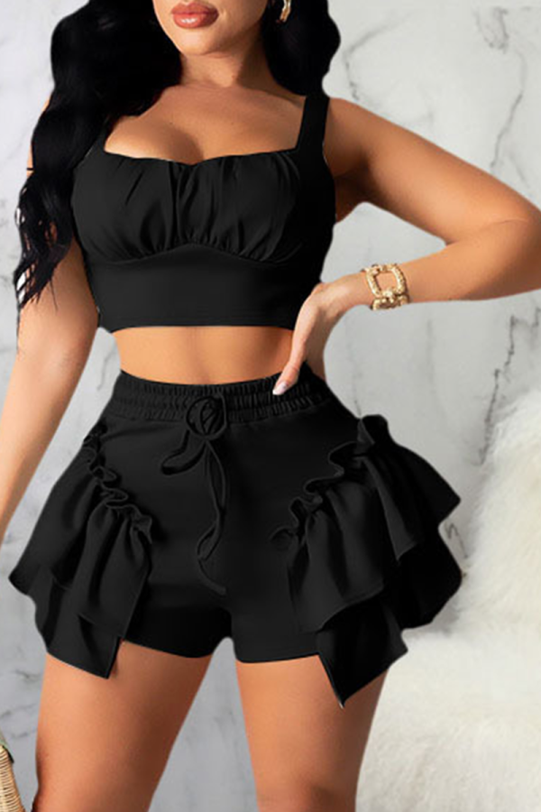 Black Sexy Solid Flounce Spaghetti Strap Sleeveless Two Pieces