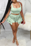 Green Sexy Solid Flounce Spaghetti Strap Sleeveless Two Pieces