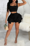 Black Sexy Solid Flounce Spaghetti Strap Sleeveless Two Pieces