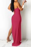 Rose Red Sexy Solid Hollowed Out Halter Irregular Dress Dresses