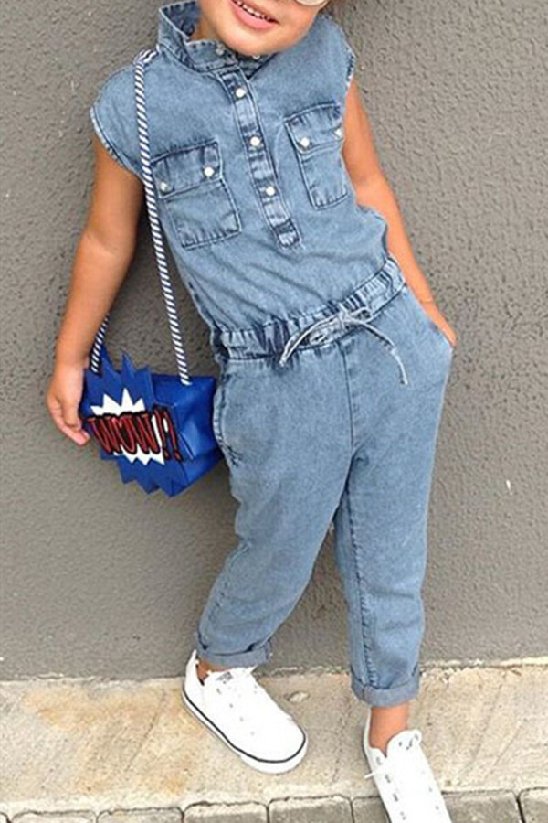Gray Blue Fashion Casual Short Sleeve Jumpsuit Solid Kids Set