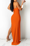 Tangerine Red Sexy Solid Hollowed Out Halter Irregular Dress Dresses