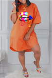 Tangerine Casual Print Patchwork O Neck Straight Dresses